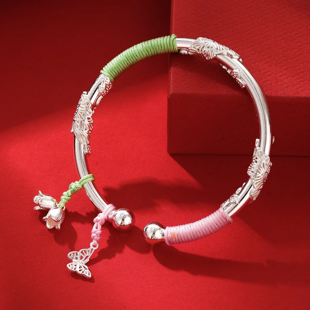 足银手镯 【10号】足银999.9繁华蝶恋花彩绳开口手镯复古气质