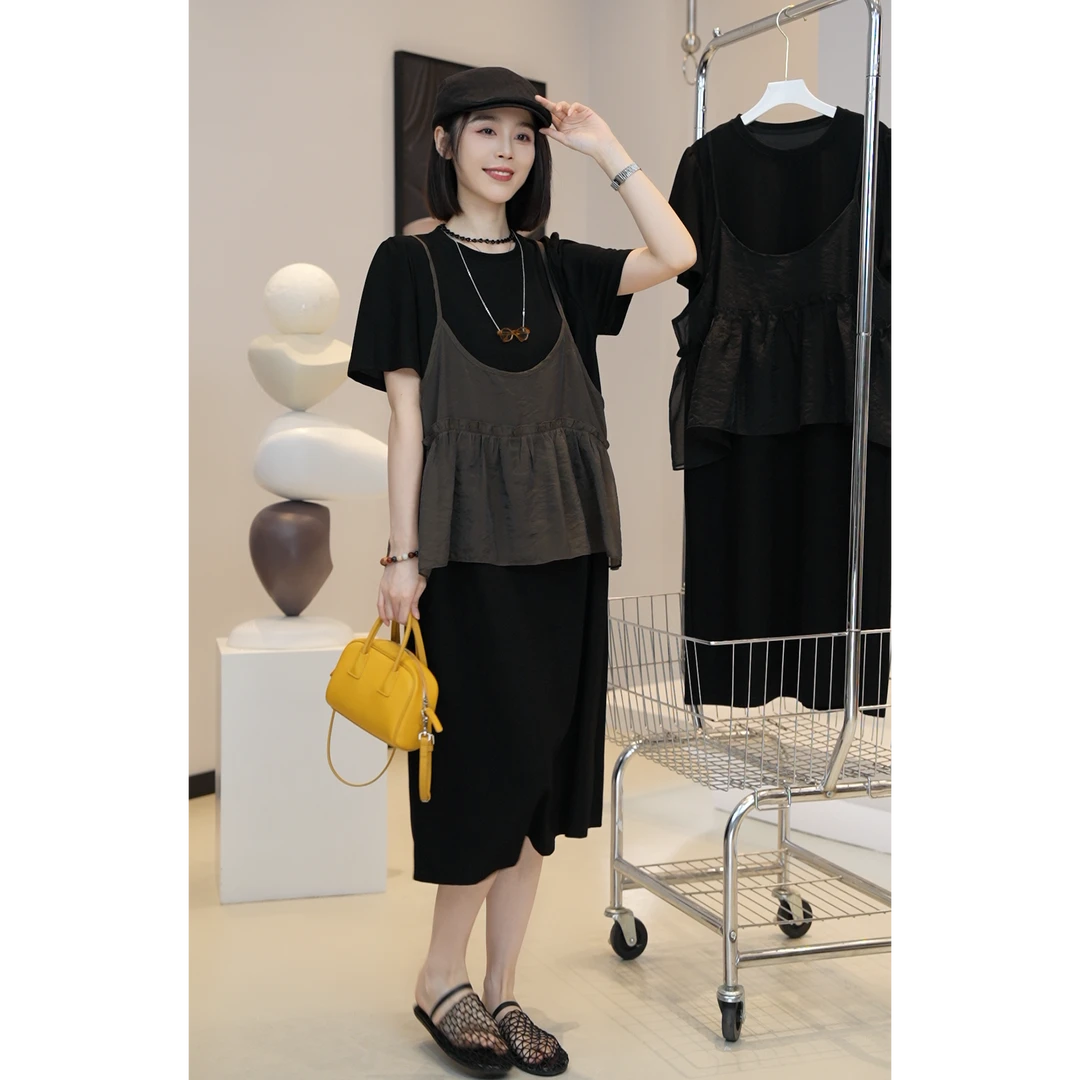 【YUE YUE】时尚圆领吊带小衫拼接连衣裙假两件设计显瘦裙 D800