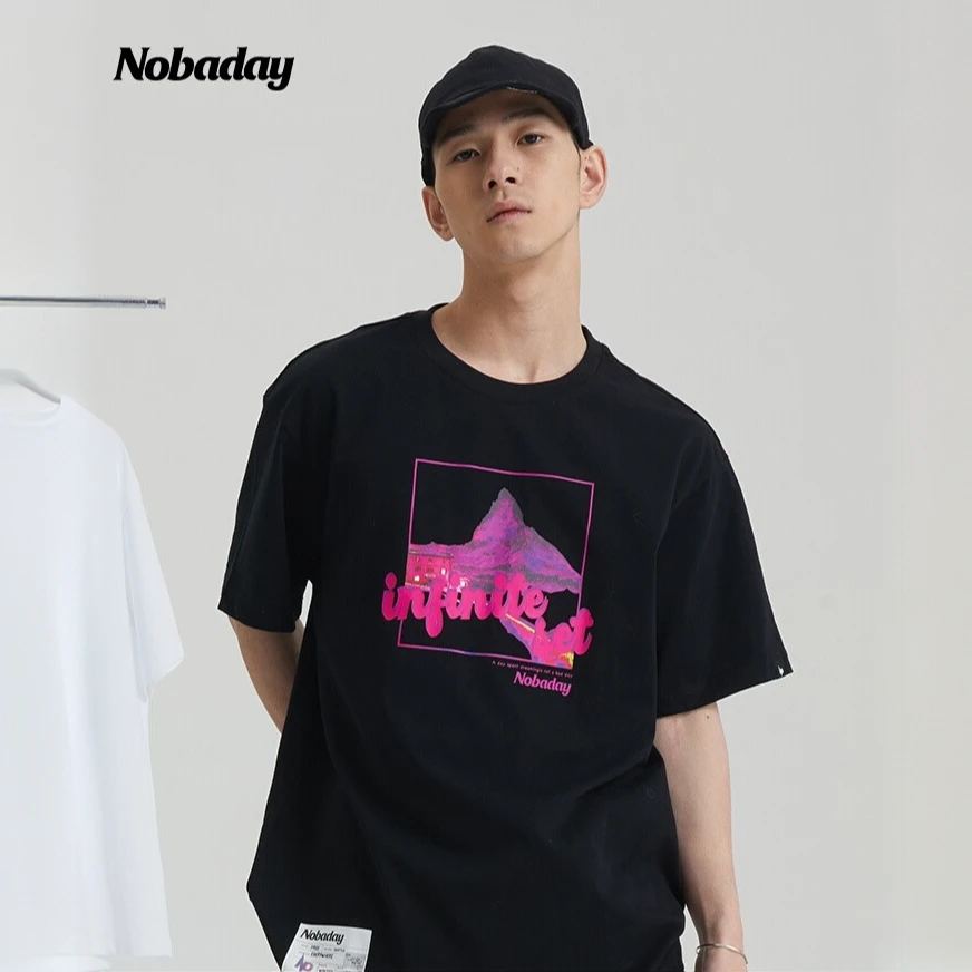 NOBADAY情侣款T恤女印花短袖夏季纯棉户外运动休闲宽松上衣男