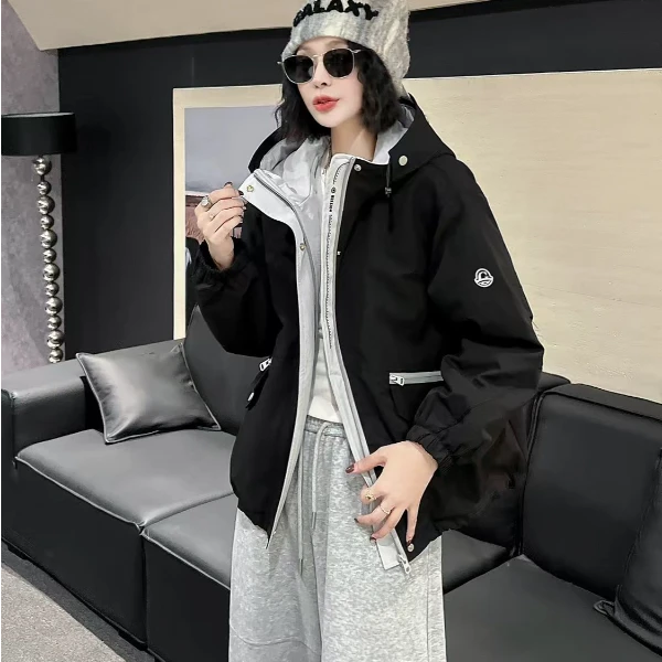 【编码：277】【加绒】冬季连帽时尚休闲新款宽松百搭拼色女款外套833