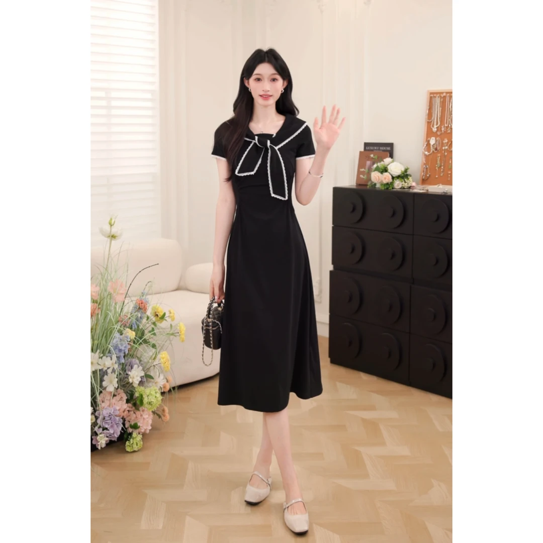 鹿向南【黑色奥义】韩版气质连衣裙女夏季新款收腰显瘦长裙QJD00472