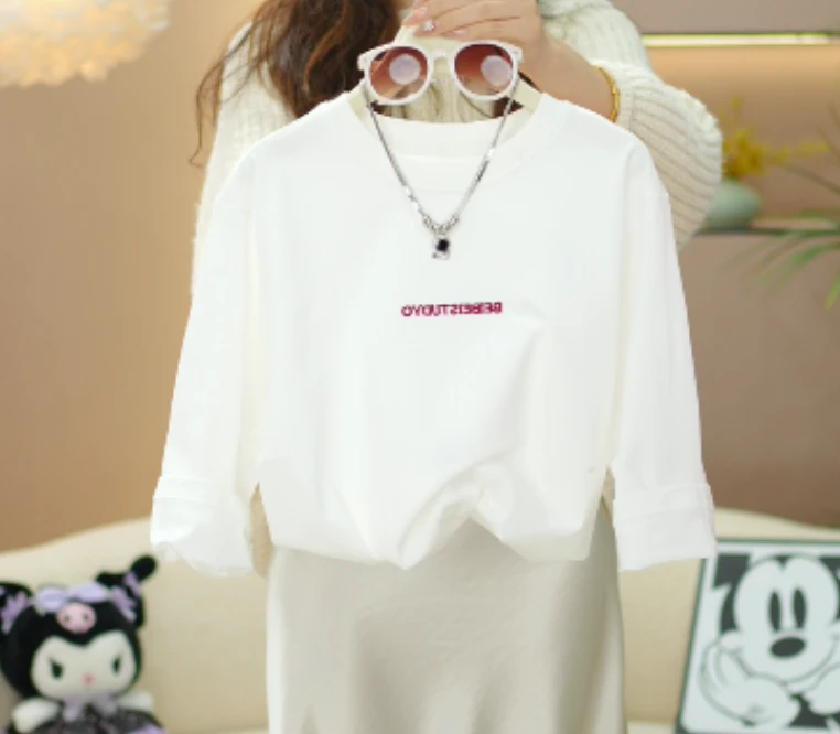 逗小铺【七尚】2024新款白色春秋女童定制百搭韩版打底衫S0110