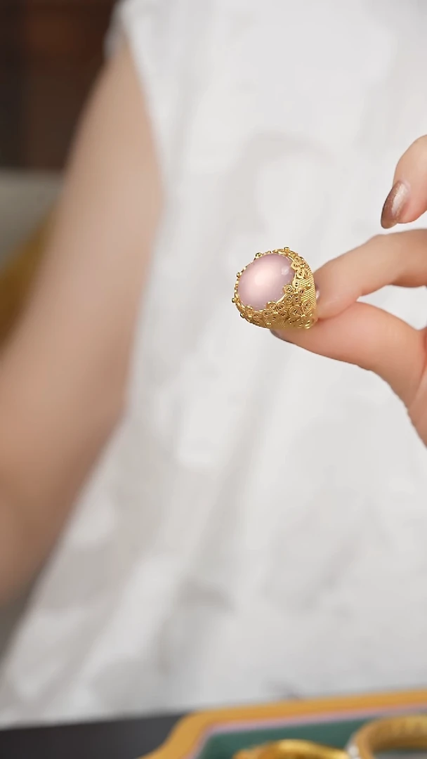 银S925镶嵌戒指水晶马粉花丝戒指 国风珠宝