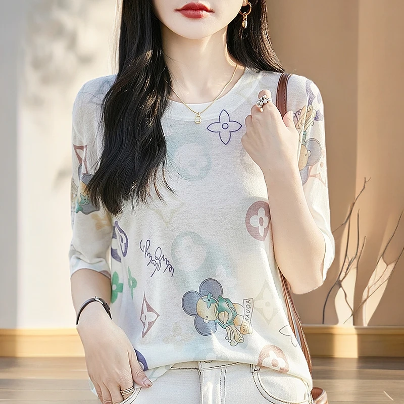 短袖 16针纵享丝滑】超细精纺绵羊毛中袖女 时尚宽松涂鸦短袖