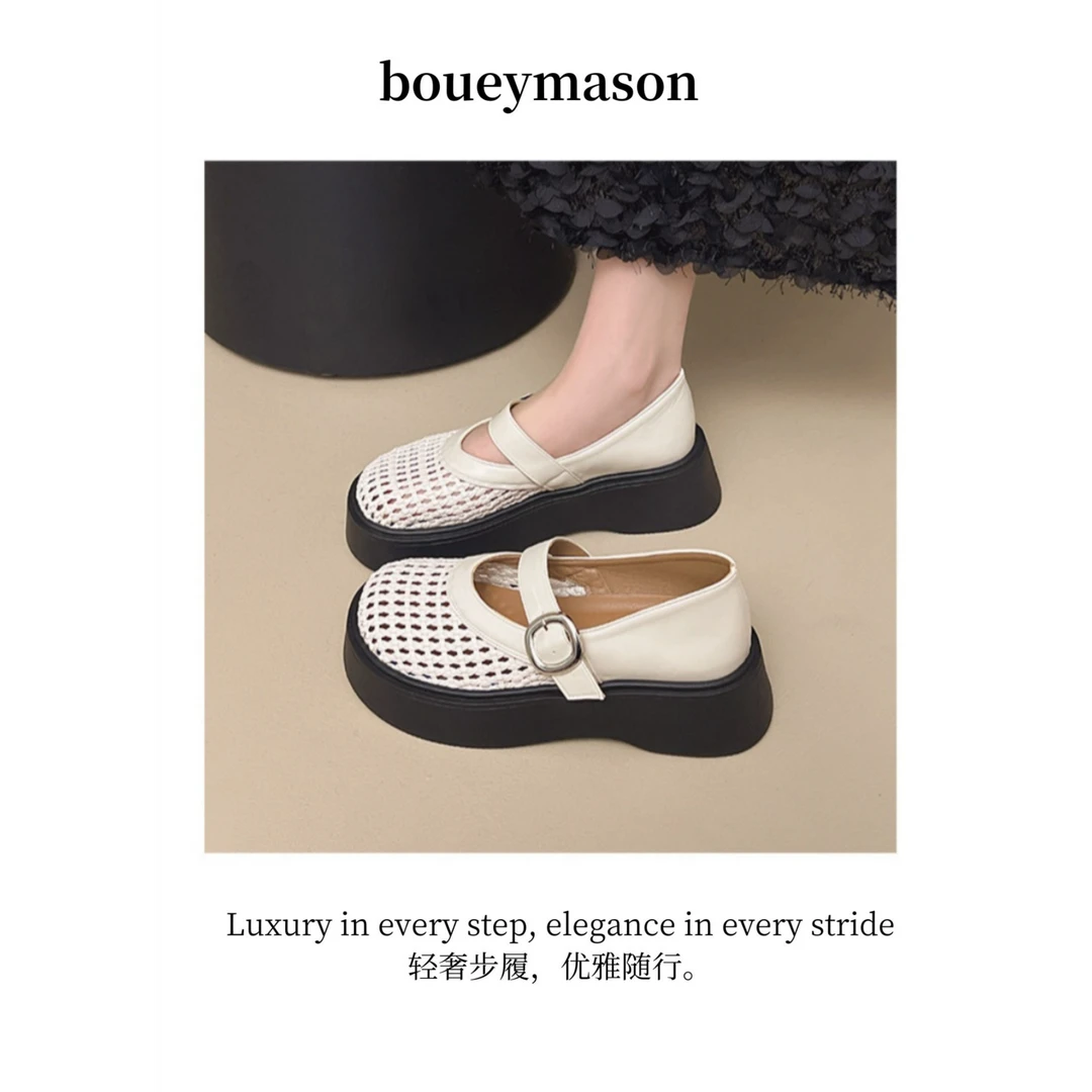 松糕厚底真皮玛丽珍女鞋2025新款乐福鞋半托单鞋夏季镂空透气凉鞋