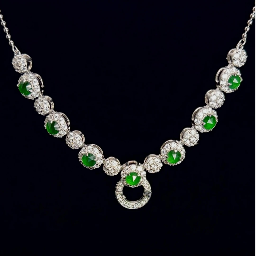 天然A货翡翠蛋面项链S925银多样性发其一气质时尚轻奢镶嵌满钻