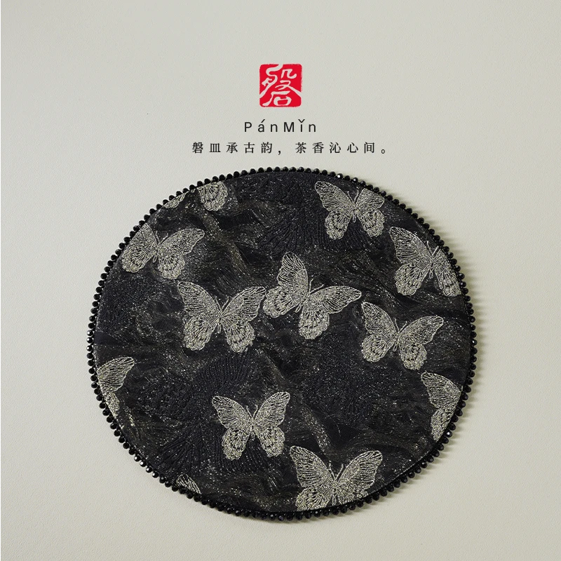 磐皿｜景德镇·熹语·金蝶翩跹闪金圆形小茶席水钻干泡茶席高档茶垫