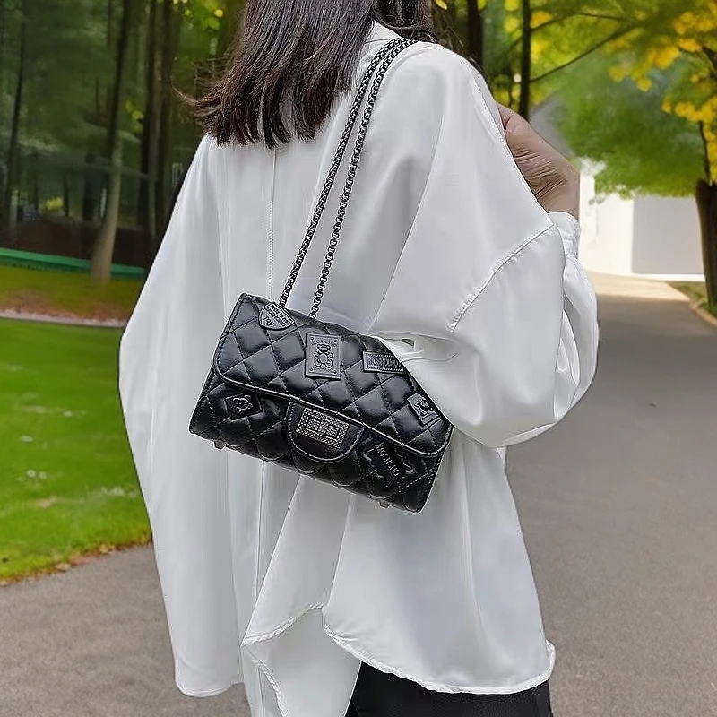 新款徽章包时尚链条包潮流单肩斜挎经典百搭8158黑