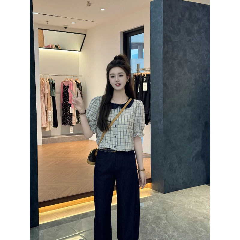 宿慕SUMU女款经典格子娃娃领小衫2025新款5-16百搭短袖衬衫F6302L