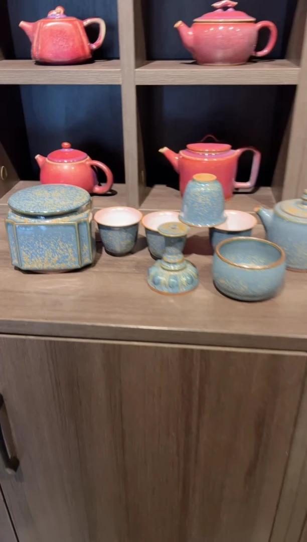 【闪购商品】瓷片钧尚源孔雀蓝汉铎4客杯单杯茶叶罐