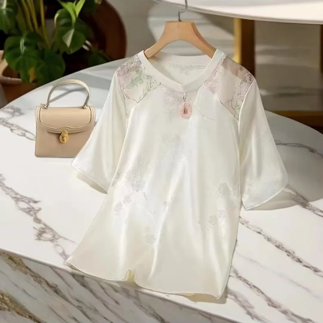 新中式重磅提花圆领小衫高级感透气洋气百搭网红白色上衣复古气质