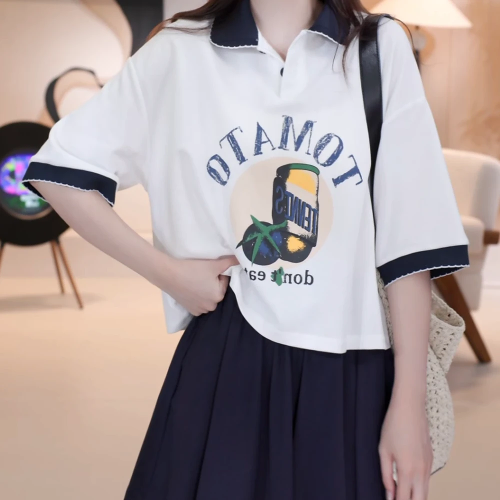 夏天薄款宽松减龄POLO领水果字母短袖t恤