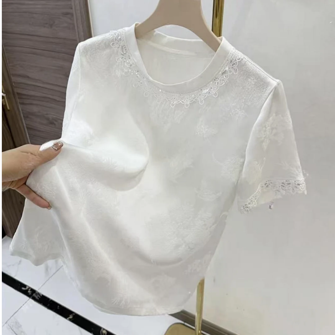 新款高端轻奢时尚减龄洋气重工亮片暗纹提花春夏小衫