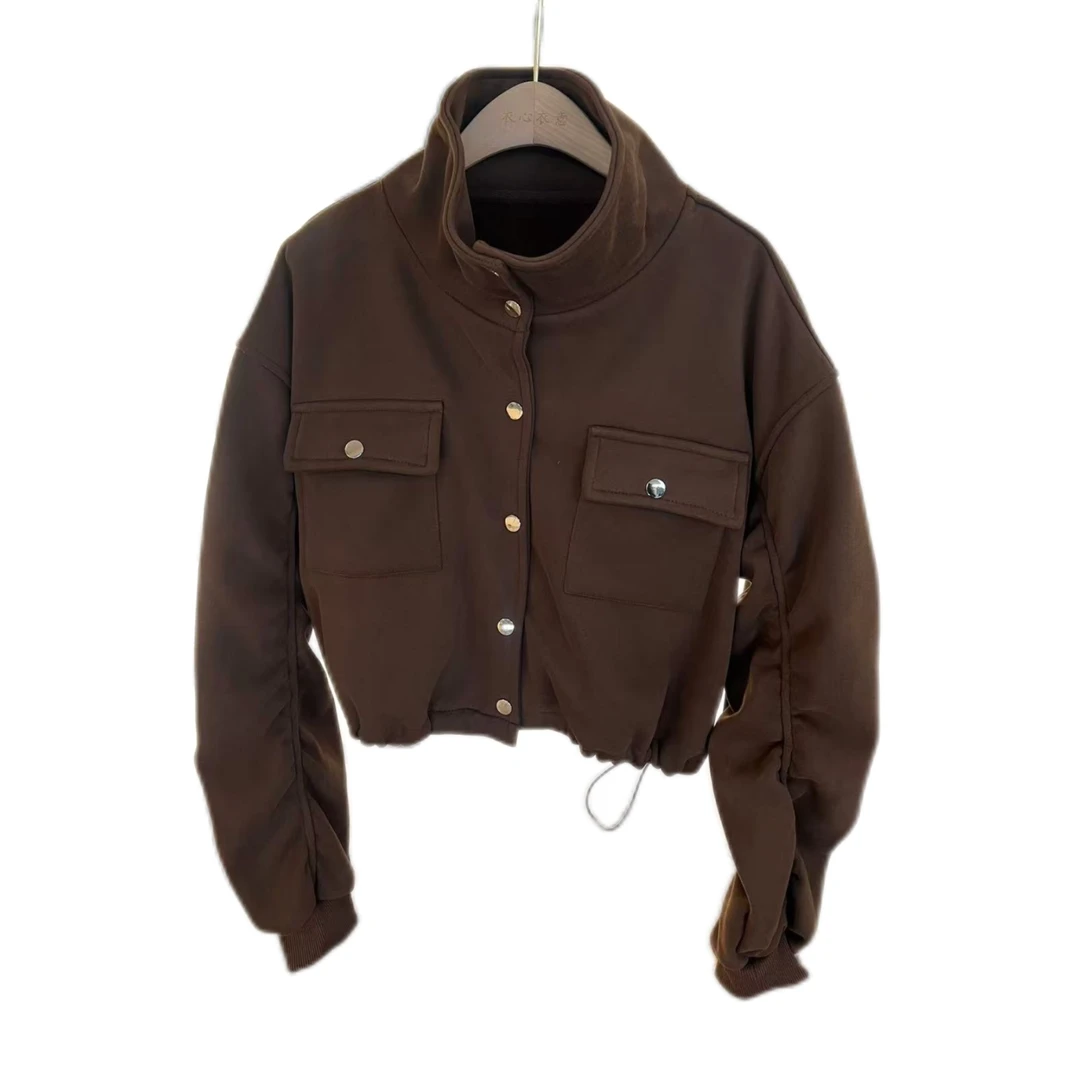 （萱萱严选）纯色显瘦纽扣抽绳褶皱卫衣上衣