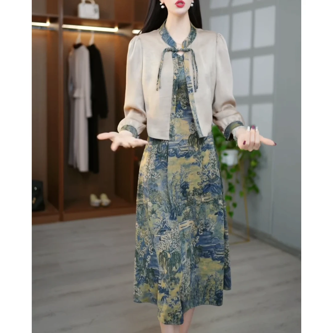 轻奢端庄优雅国风两件套连衣裙女春夏新款妈妈印花背心旗袍裙套装