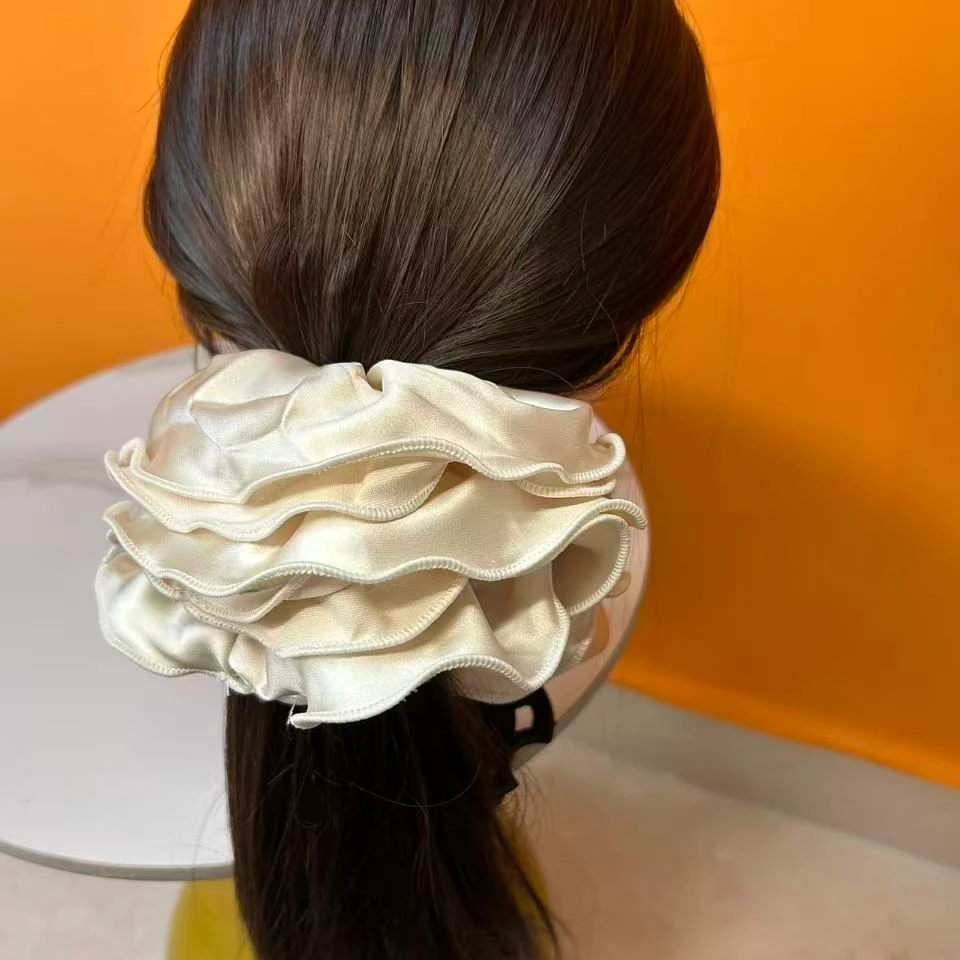 高级感缎面褶皱大肠发圈木耳边气质马尾发绳绑丸子头头绳新款头花