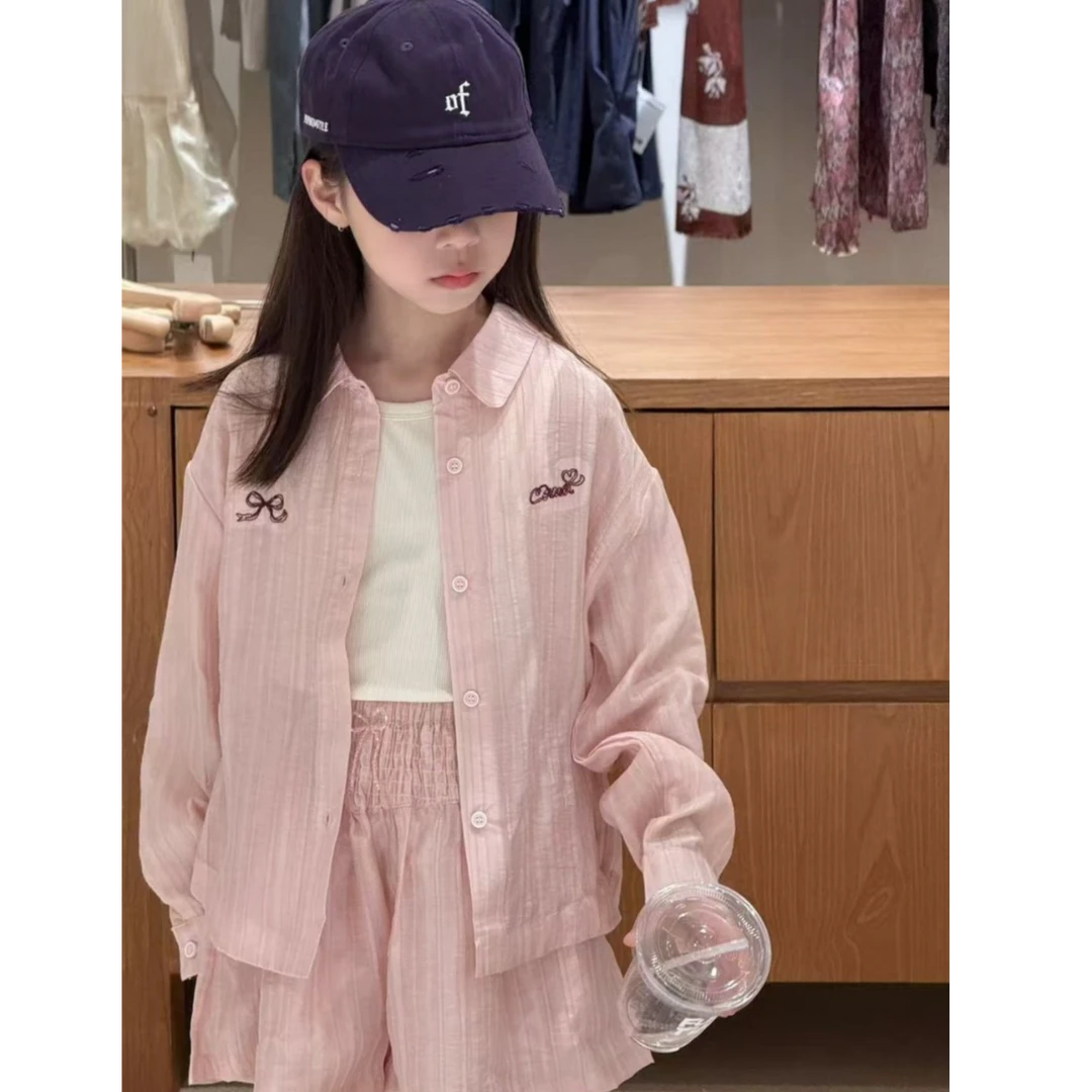 【豪宝贝】2025春夏款粉条蝴蝶结刺绣背心衬衫短裤三件装5602