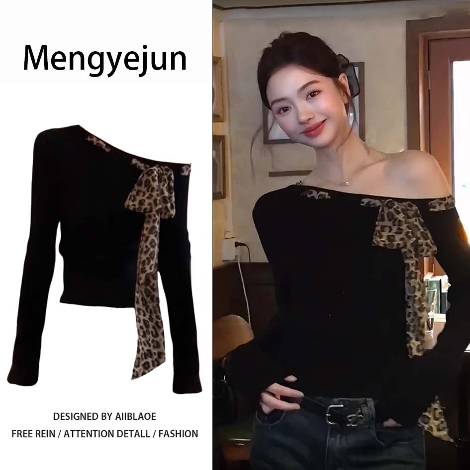 韩系chic黑色拼接豹纹系带斜露肩修身针织衫女春秋独特御姐显瘦潮