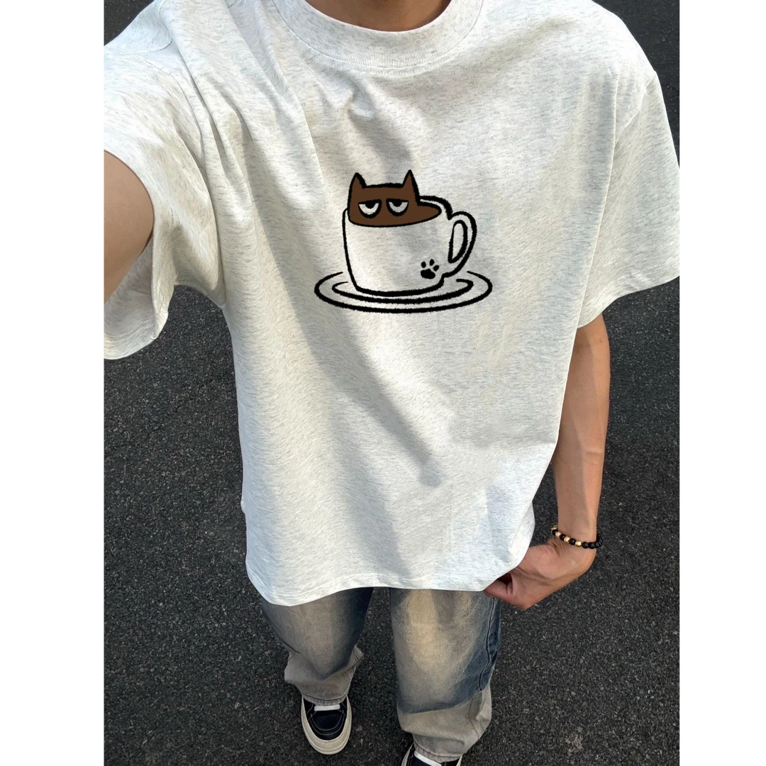 美式复古小众设计感“一杯猫”短袖T恤男印花宽松休闲百搭圆领上衣