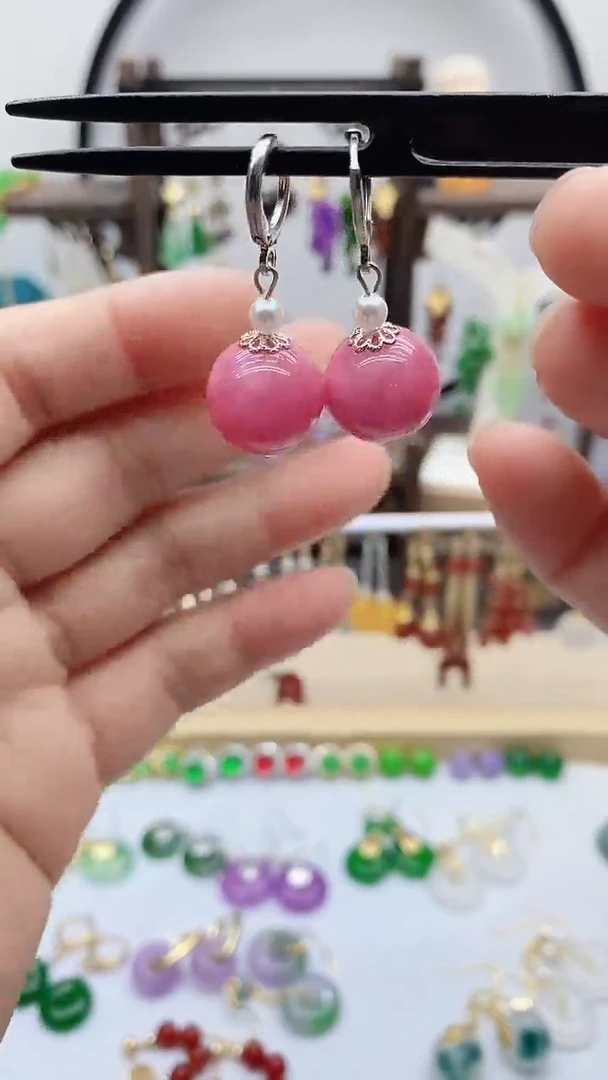 银S925镶嵌菱锰矿（红纹石）耳饰175