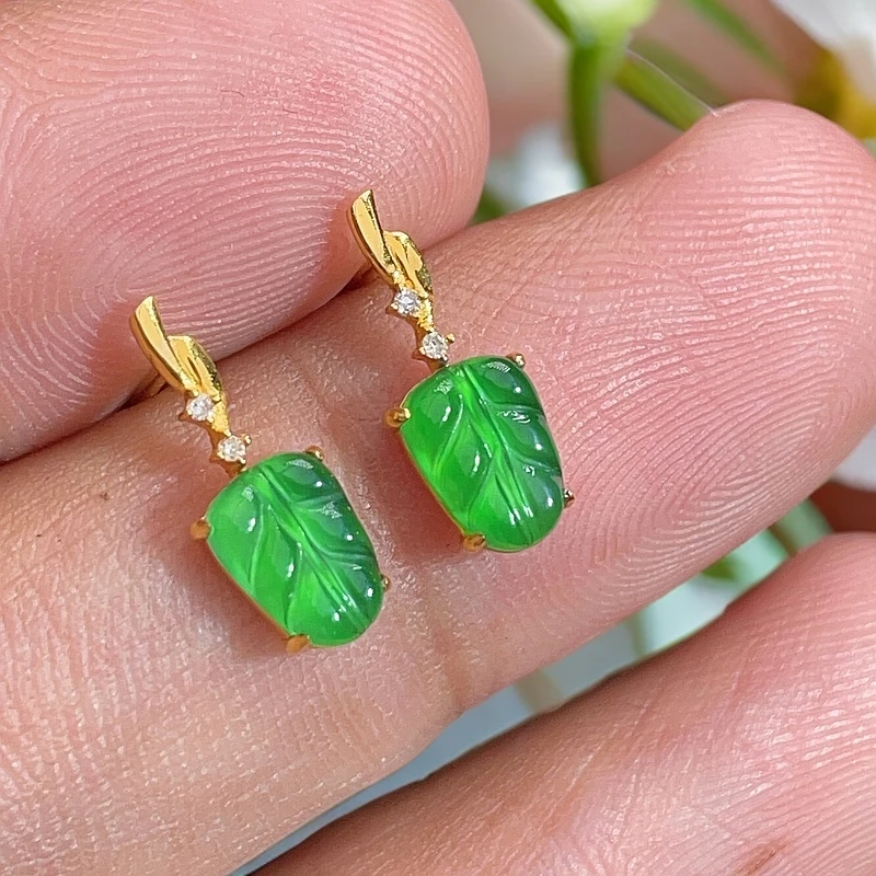 18K金天然翡翠A货-树叶子耳钉耳饰K黄980