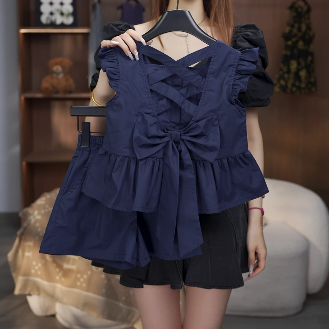 【有木】夏季新品女童上衣韩版薄款夏季休闲设计感方领森系蝴蝶结