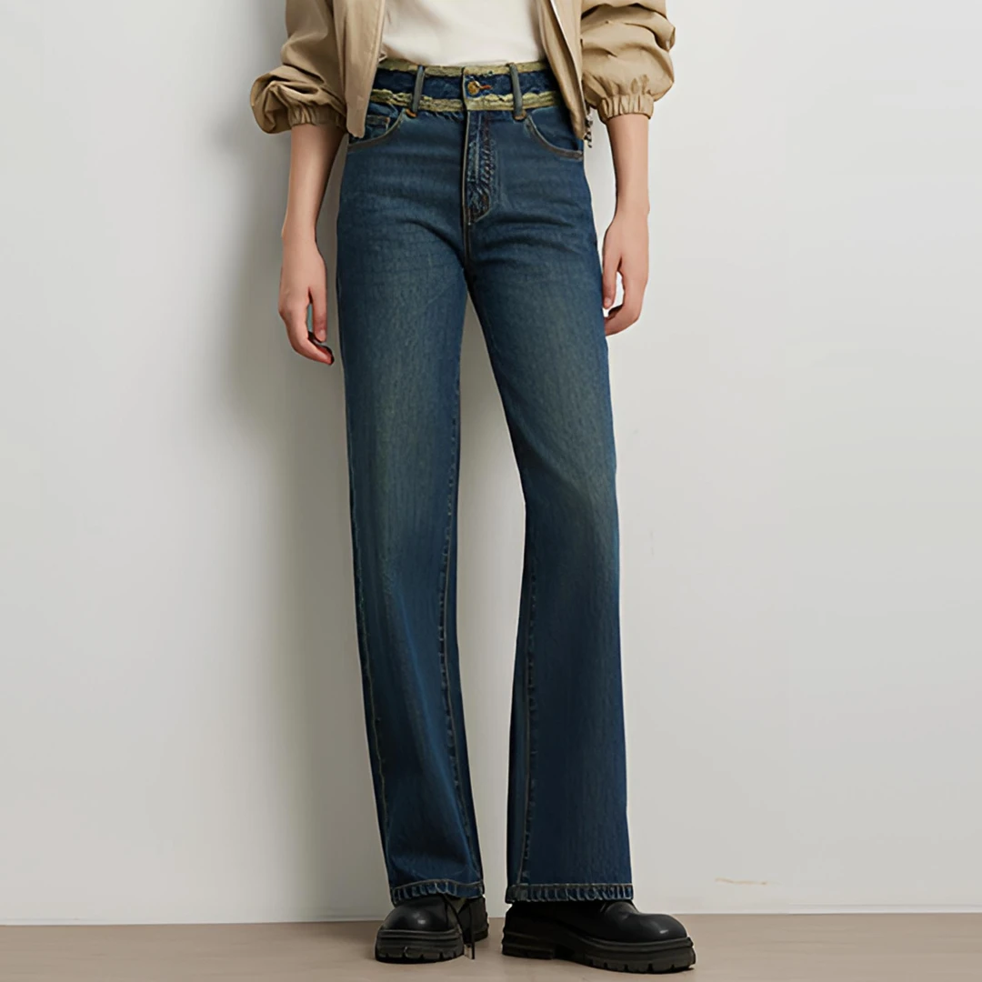 【花宁娜】淑稹.复古高腰毛边直筒牛仔裤春季新款气质百搭长裤9311
