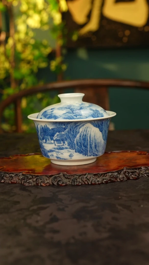 谢凯青花手绘山水盖碗