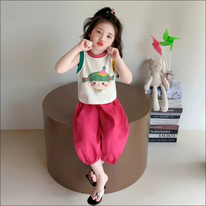 韩版女童樱桃小丸子卡通图案防蚊裤背心套装夏季印花中小童可爱风