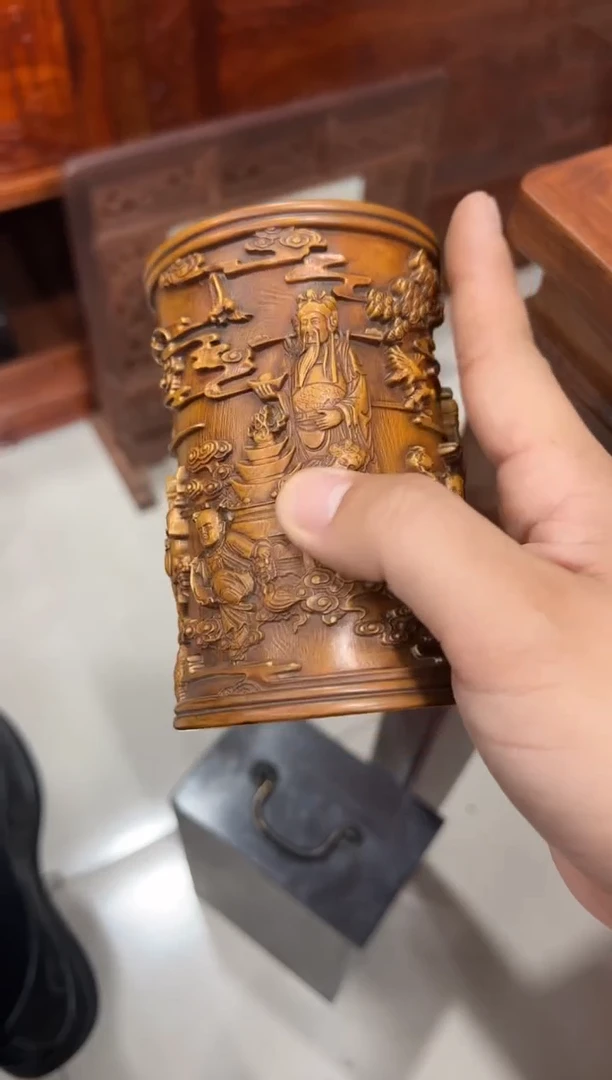木福禄寿黄杨笔筒
