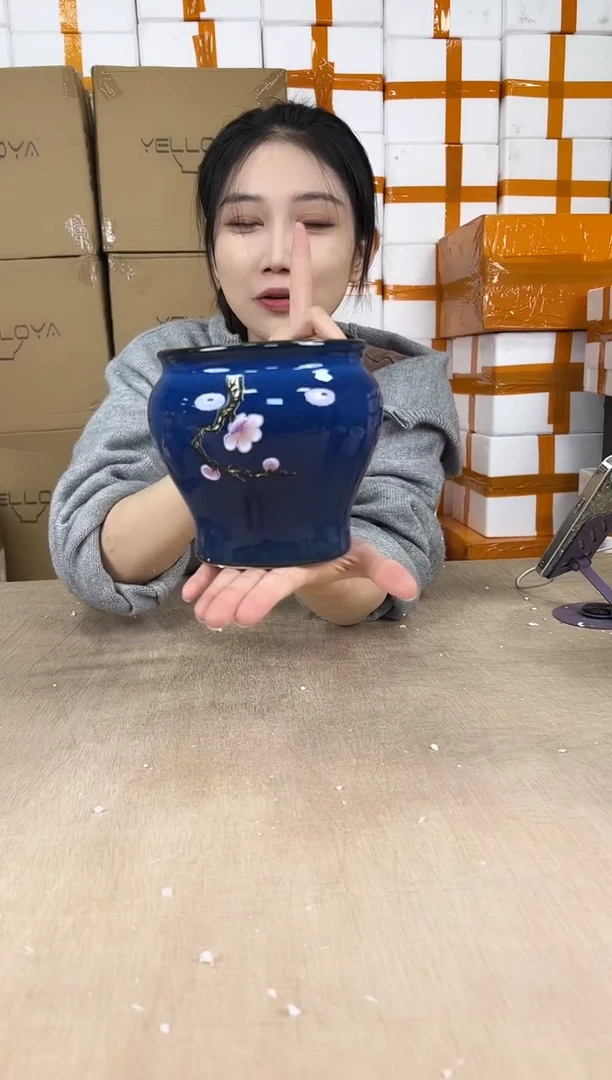 缸形深蓝花釉勾花13x13