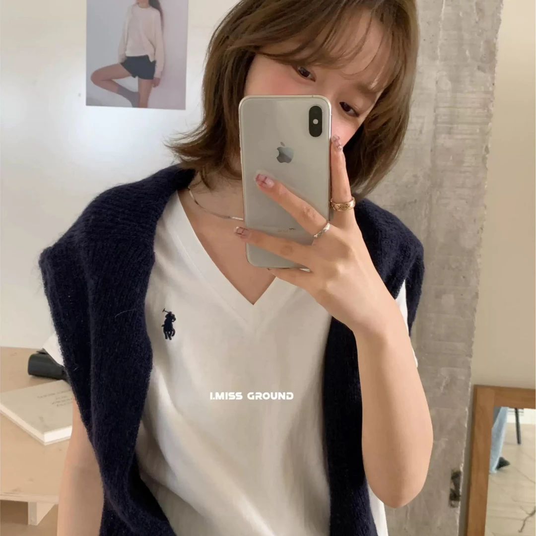 小马v领白色短袖T恤女2025早春韩系宽松简约打底衫上衣