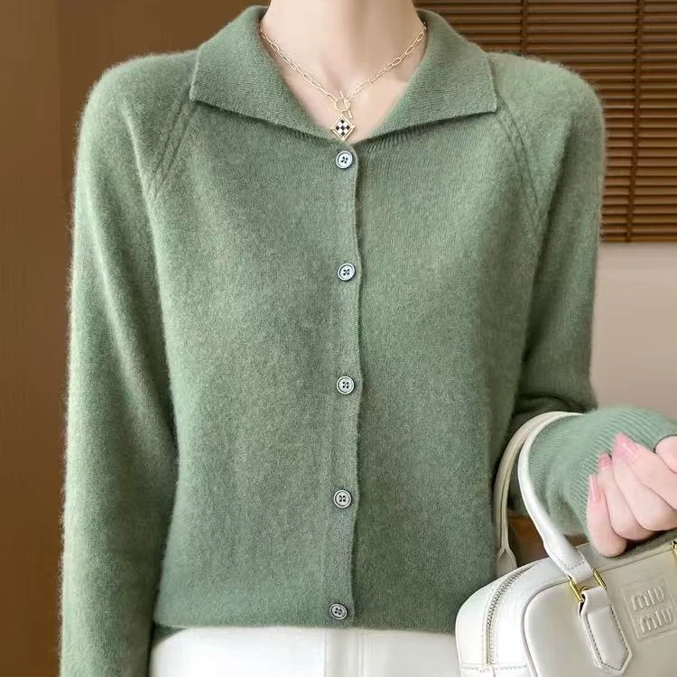 一线成衣开衫女100羊毛针织衫翻领开身毛衣女长袖外搭925