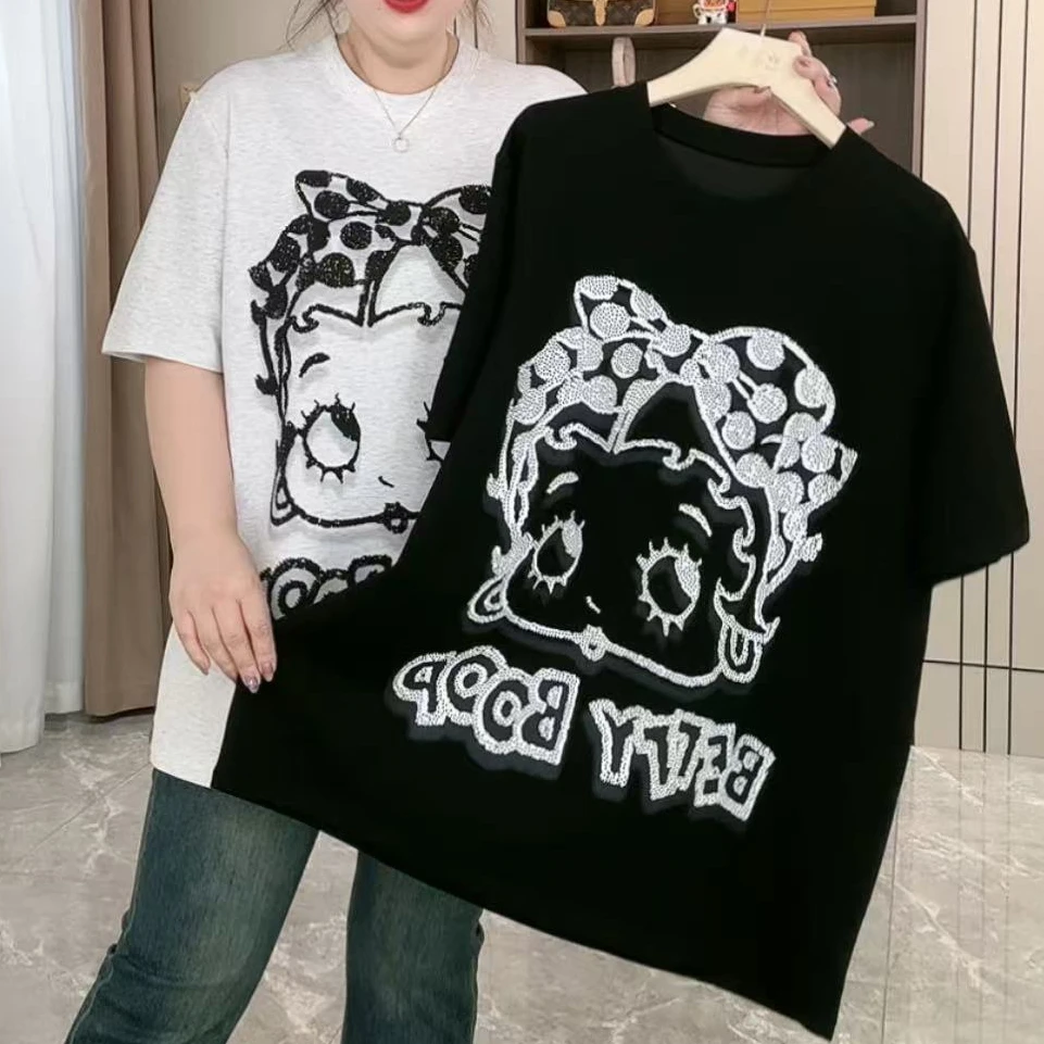 2636重工烫钻贝蒂小姐中长款短袖T恤