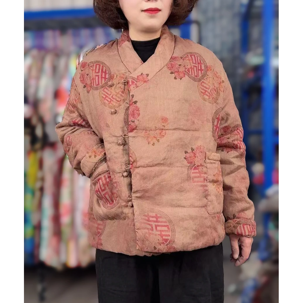 香云亚麻印花保暖加厚棉衣3M新雪丽手工绗棉新中式复古棉服23150