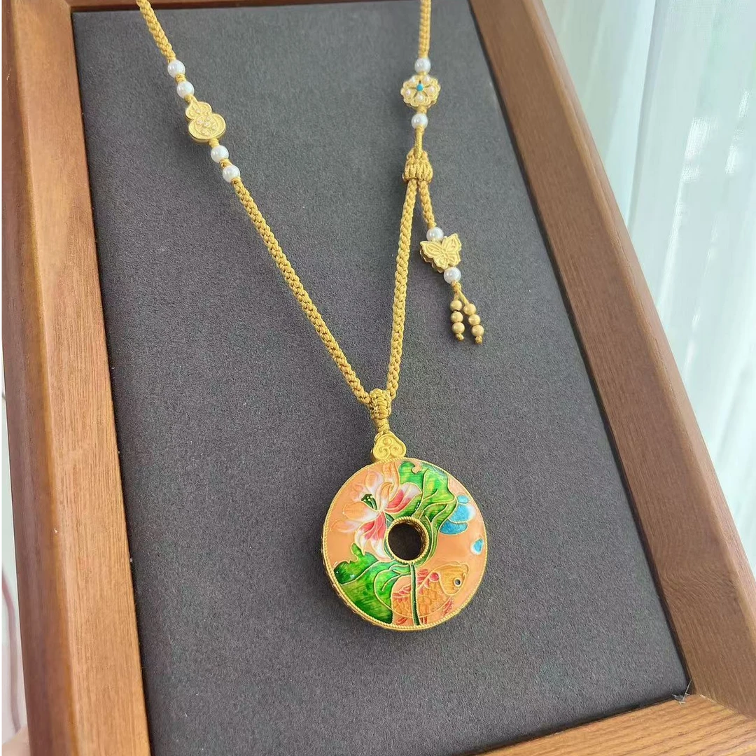 吊坠足银 足银999【鱼戏莲叶间金色平安扣】珐琅彩新中式国风编绳