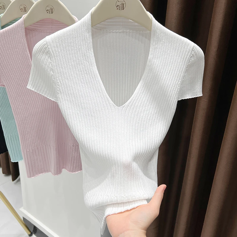 设计感针织V领白色短袖t恤夏季新款时尚露锁骨修身上衣百搭打底衫