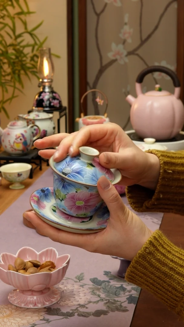 【闪购商品】【领丰茶具福力】七彩雏菊三才盖碗