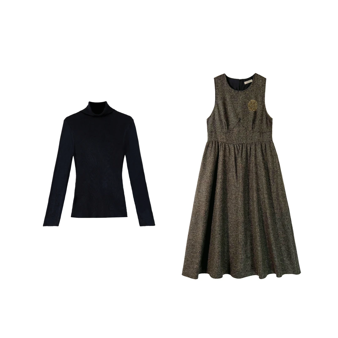 【洪臻】秋冬新款复古棕气质休闲无袖连衣裙F6001