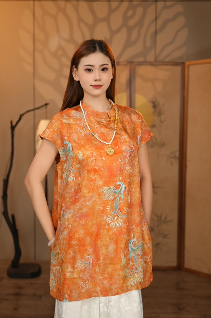 明【凤凰来仪】夏国风奥黛小飞袖上衣短袖T恤新中式提花盘扣马甲223