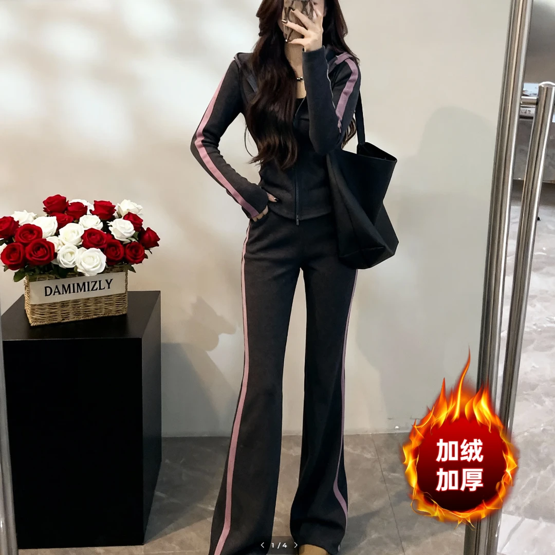 巨好看的休闲运动套装女秋冬季修身收腰显瘦加绒卫衣微喇裤两件套