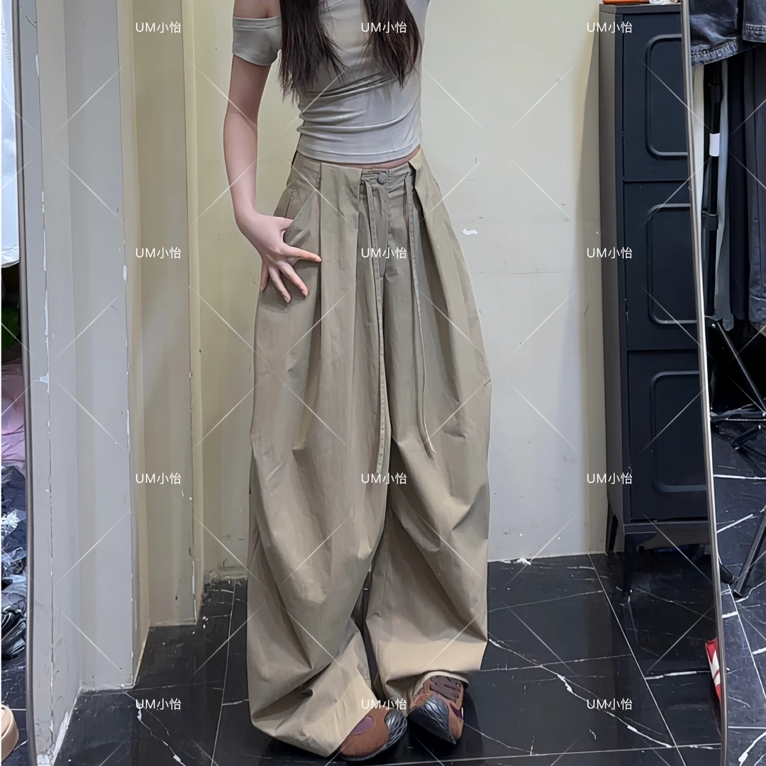 鑫怡定制【浪潮乐队】夏季新款美式女抽绳松弛感宽松阔腿弯刀工装裤