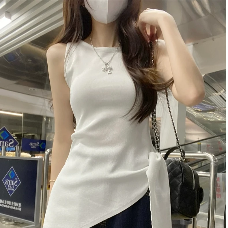 夏季吊带背心女通勤开叉绑带辣妹收腰气质设计感不规则针织上衣