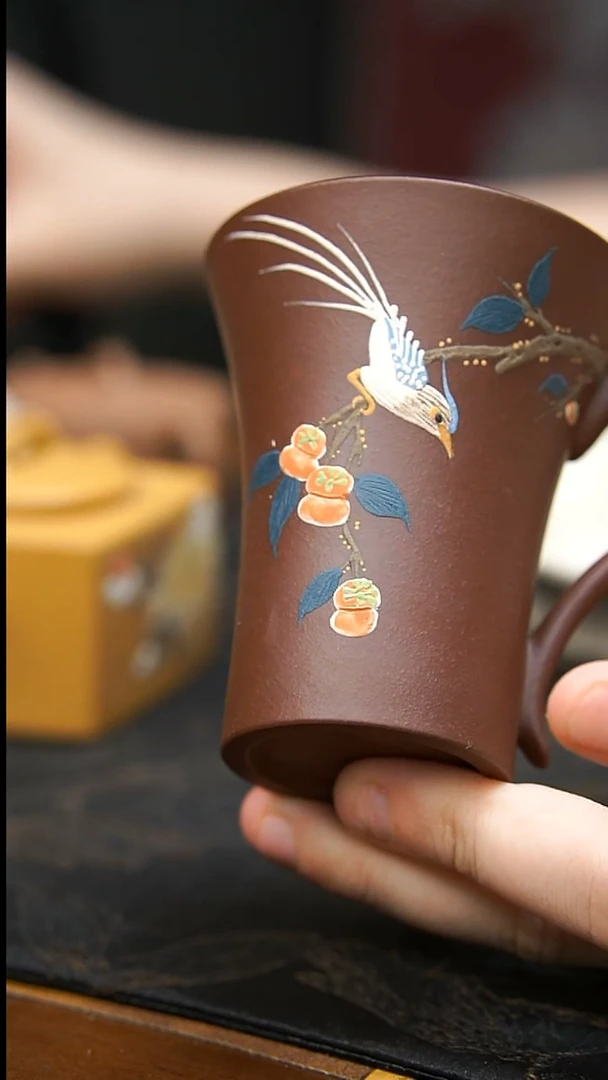 茶壶紫砂紫泥柿子喜鹊手把杯