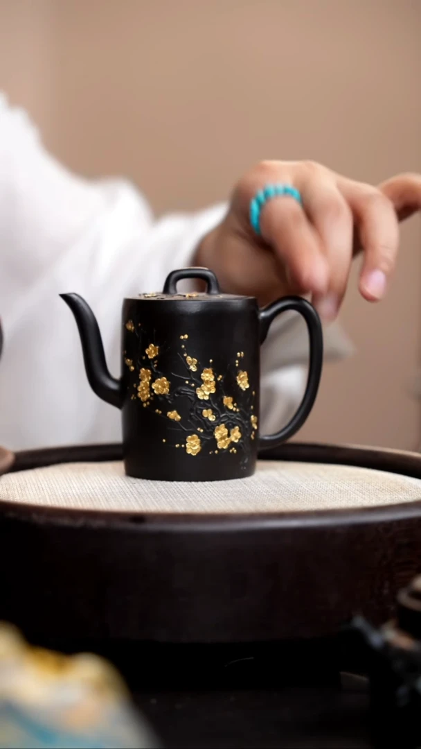 茶壶紫砂捂灰朱泥描金梅花汲直