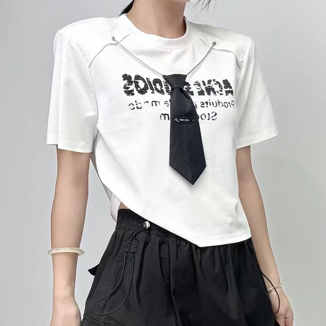 72838#2025夏季新款小众设计感领带装饰短袖百搭字母印花简约T恤