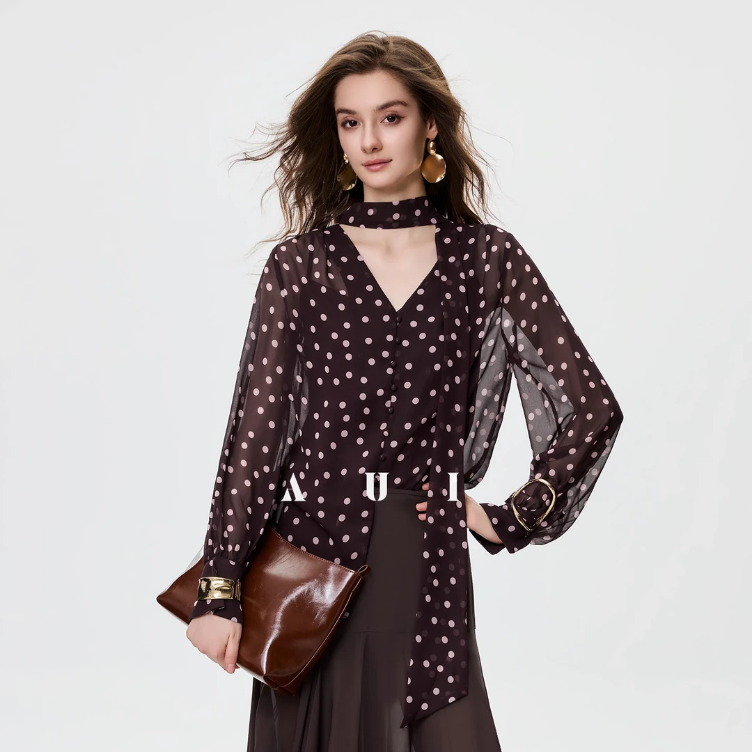 aui法式波点雪纺衫女秋季亲肤小衫设计感长袖飘带衬衫25Q060670