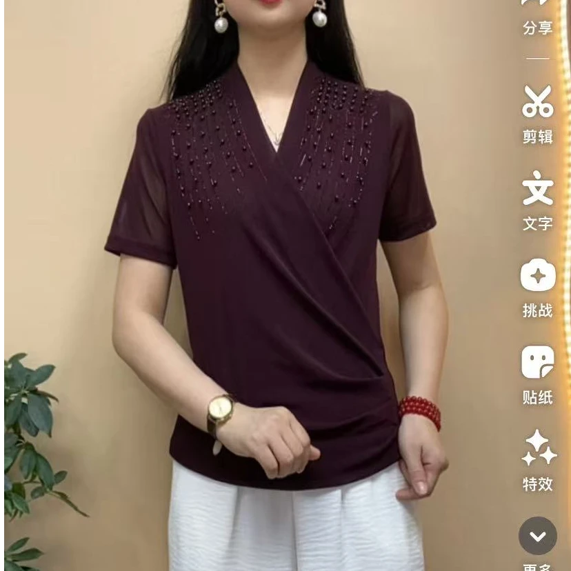 2025夏季新品钉珠烫钻交叉v领显瘦气质百搭小衫