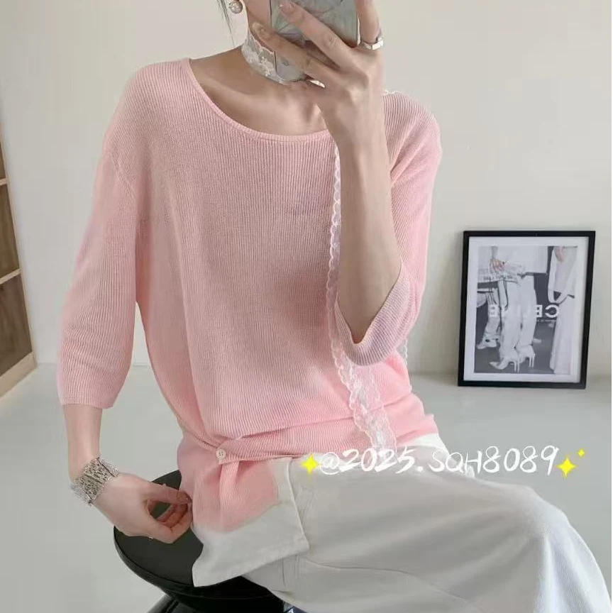 新款针织短袖t恤女夏季宽松显瘦设计感防晒短袖女款爆款2025新款