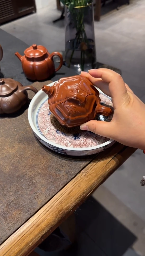 茶壶紫砂六方海棠双线竹鼓